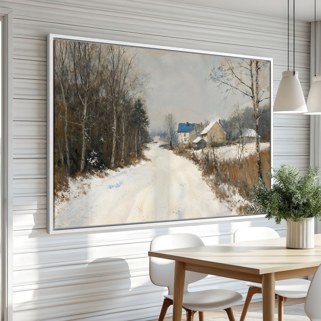 Framed Wall Art: Winter landscape Canvas Print in neutral tones. Classic style artwork with a snowy road and houses, perfect for adding warmth.