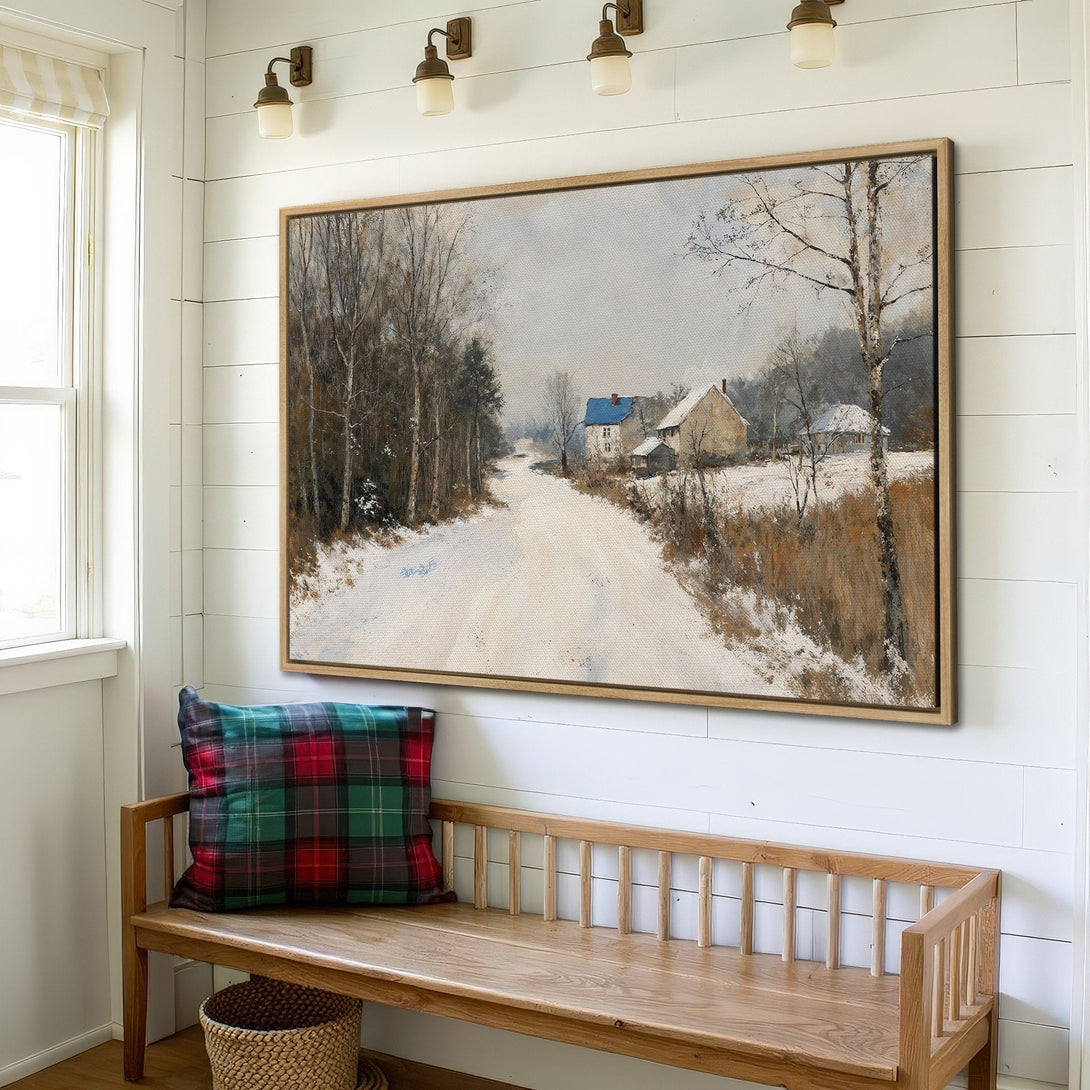 Framed Wall Art: Winter landscape Canvas Print in neutral tones. Rustic art with snowy road & houses, perfect for farmhouse decor.