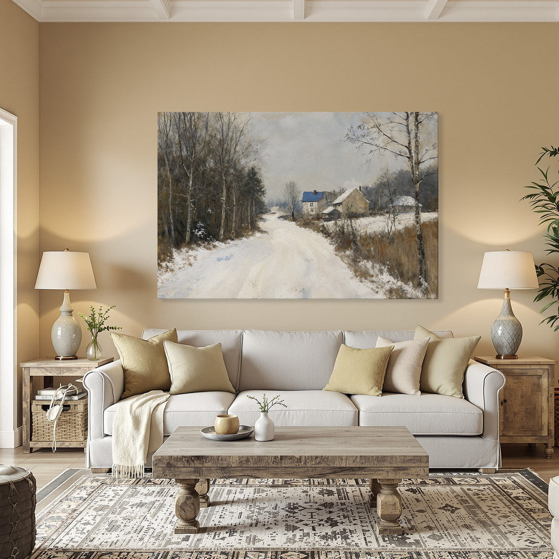 Framed Wall Art: Winter landscape Canvas Print in a warm interior. Features a snowy road scene with neutral and cool tones. Perfect for cozy decor.