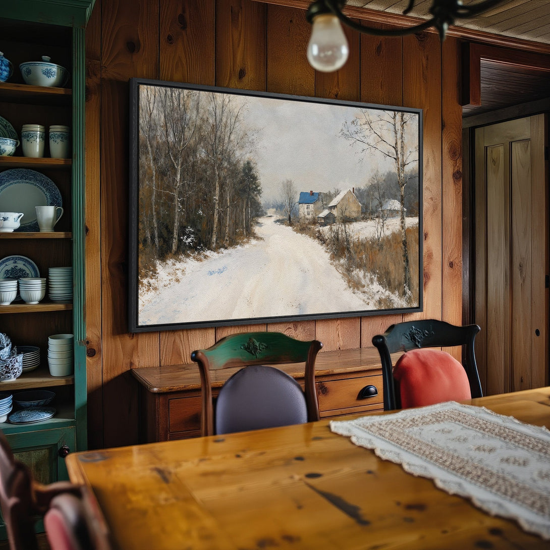 Framed Wall Art: Winter landscape Canvas Print in neutral tones. Rustic farmhouse decor, perfect for adding warmth to your dining room. Shop now!