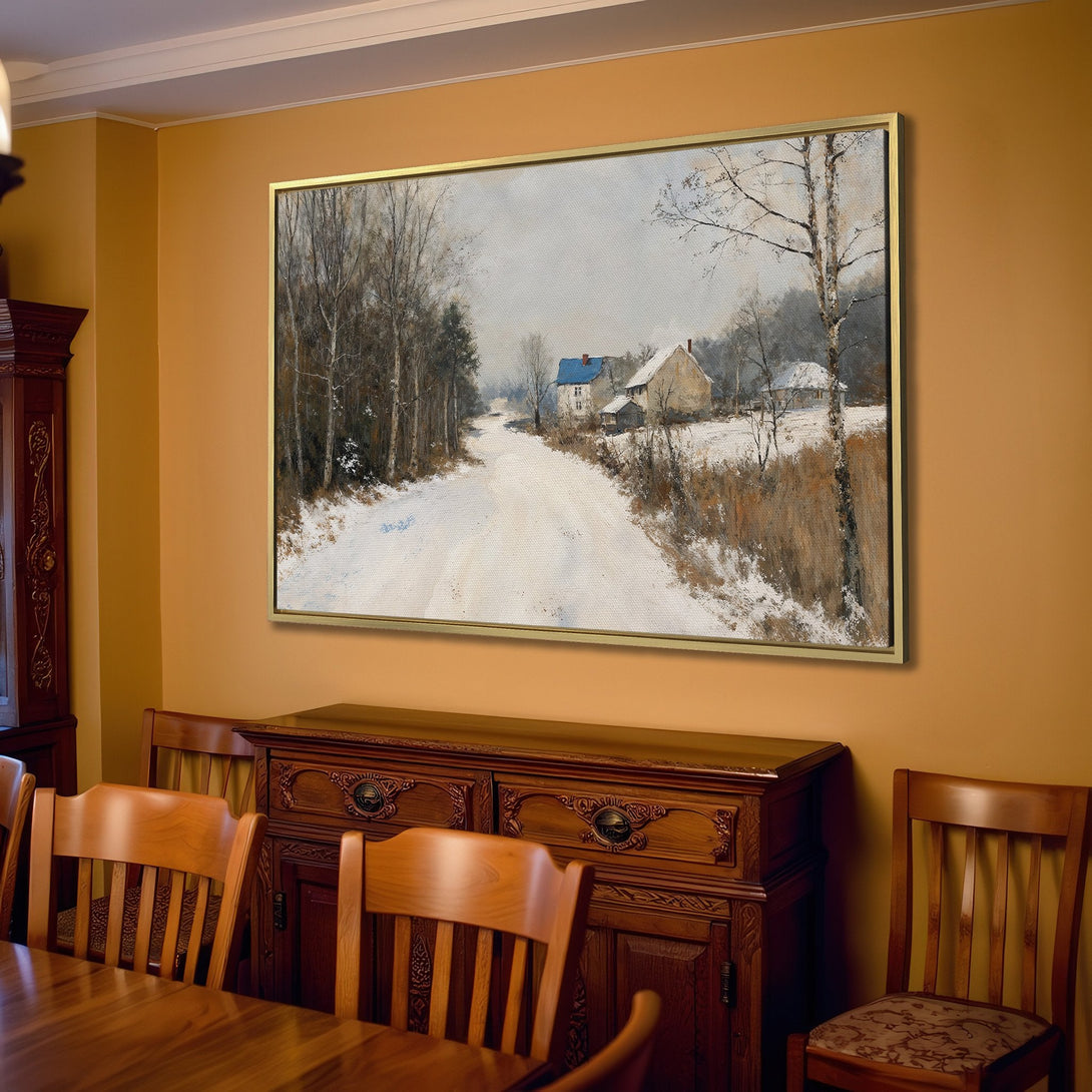 Canvas Print of a winter landscape painting in neutral tones, perfect for adding a touch of rustic charm to your home decor.
