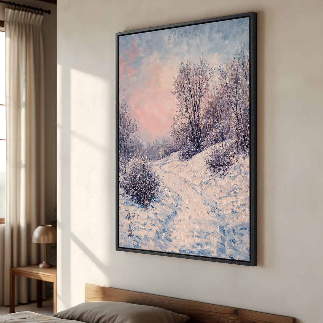 Framed Wall Art: Serene winter landscape canvas print in soft blue, pink, and white tones. Bring the beauty of nature indoors with this stunning artwork.