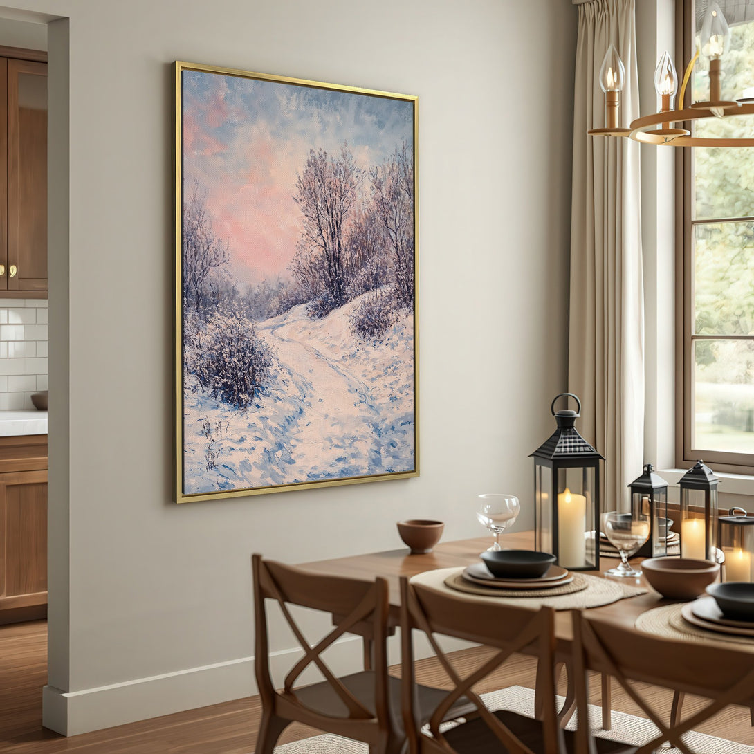 Canvas Print of a snowy winter landscape in soft blues and pinks. Rustic style wall art for a cozy home.