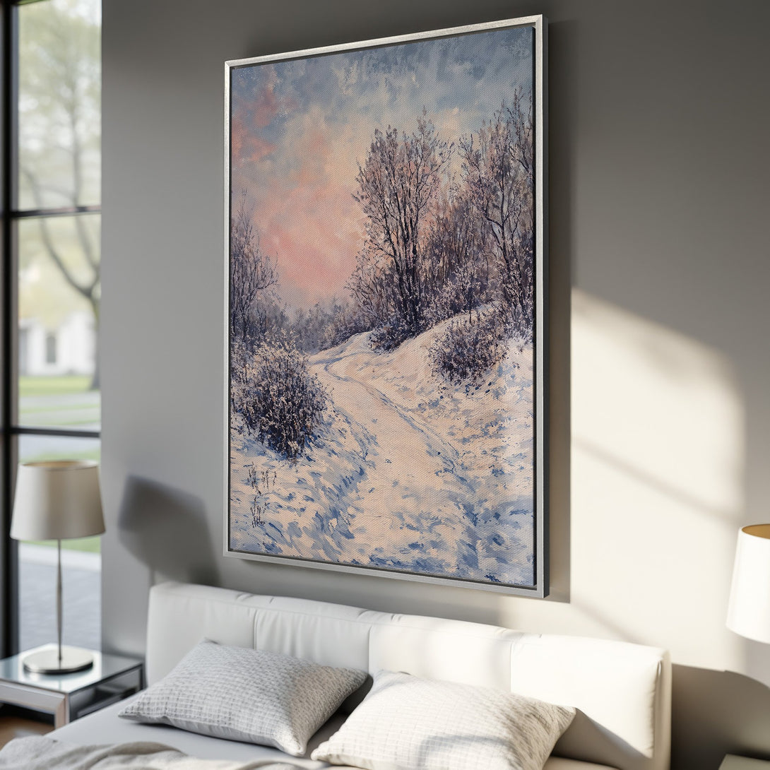 Framed Wall Art: Winter landscape Canvas Print in cool blue, pink, and white tones. Perfect for adding a touch of serenity to your home decor.