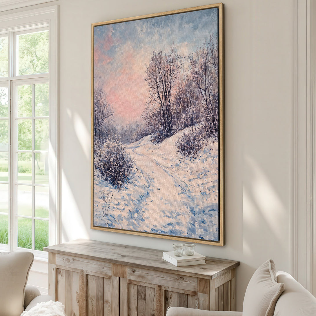 Framed Wall Art: Winter landscape Canvas Print with a serene, impressionistic style. Features a snow-covered path in a soft blue and pink color palette.