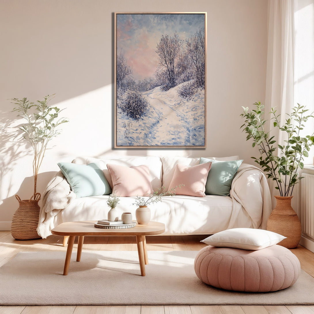 Framed Wall Art: Winter landscape painting with a soft, pastel color palette. Perfect for adding a touch of serenity to your living room or bedroom.