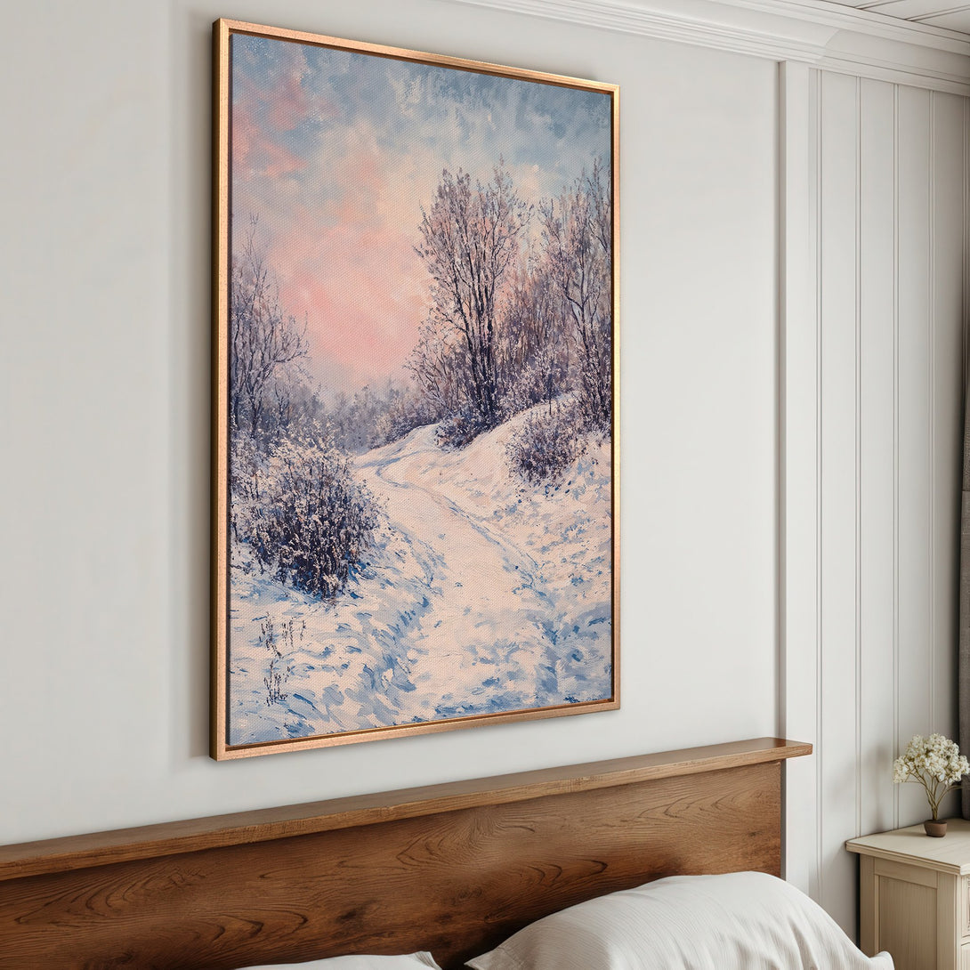 Framed Wall Art: Winter landscape painting in soft blues, pinks, and whites. Adds a touch of serenity and warmth to any space. Perfect for bedroom decor.