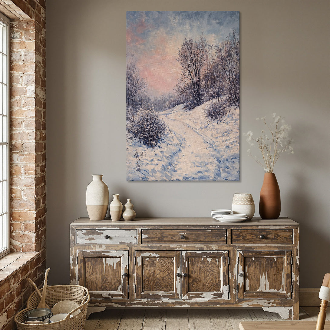 Framed Wall Art: Winter landscape canvas print with a pink and blue sky. Adds cozy charm to any dining room. Shop now for stunning wall decor!