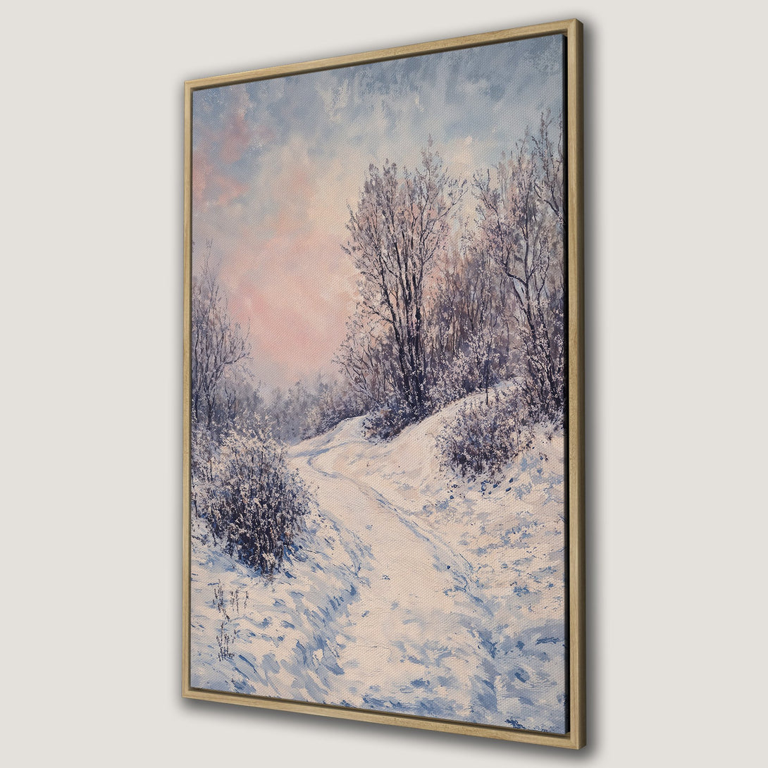 Framed Wall Art of a snowy winter landscape in soft blue and pink hues. Beautiful impressionist style Canvas Print for your home decor.