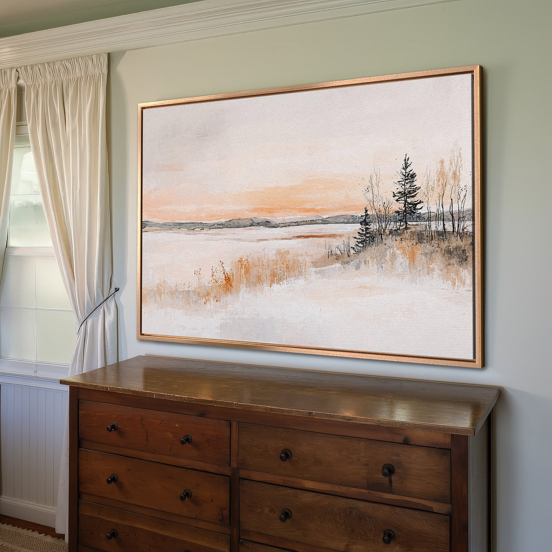 Framed Wall Art: Serene landscape Canvas Print in neutral tones. Featuring a minimalist style with warm peach, beige, and gray hues. Perfect for modern home decor.