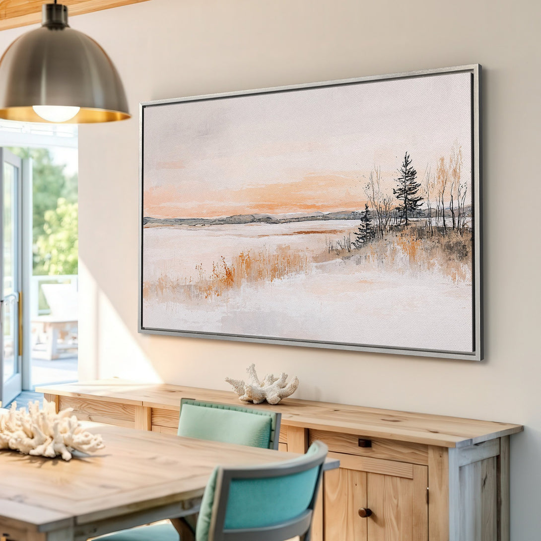 Framed Wall Art: Landscape Canvas Print with neutral color palette. Features a serene landscape painting in a modern, minimalist style, perfect for any interior.