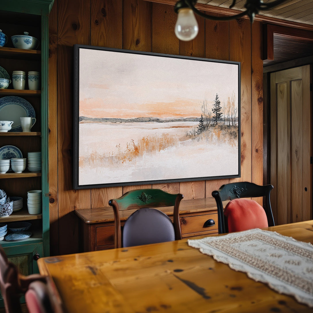 Framed Wall Art featuring a serene landscape painting in warm neutral tones. Perfect for adding a touch of nature to your home decor.