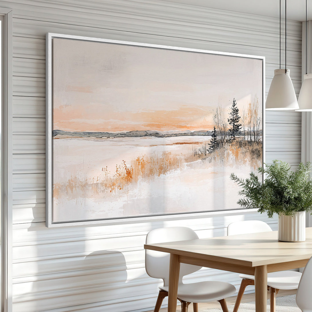 Framed Wall Art: Abstract landscape Canvas Print in neutral tones. Modern art for your home, featuring a serene, warm color palette.