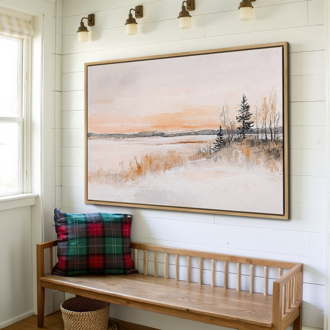 Framed Wall Art: Landscape Canvas Print with neutral tones and warm orange hues. Perfect for adding a touch of nature-inspired art to your home.