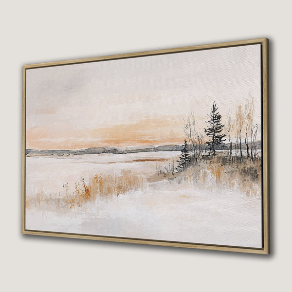 Framed Wall Art: Abstract landscape Canvas Print with warm neutral tones and a serene, minimalist style. Perfect for modern decor.