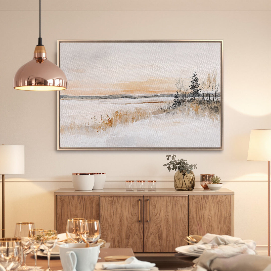 Framed Wall Art: Serene landscape canvas print in neutral tones. Perfect for adding a touch of calm elegance to your dining room or living space.