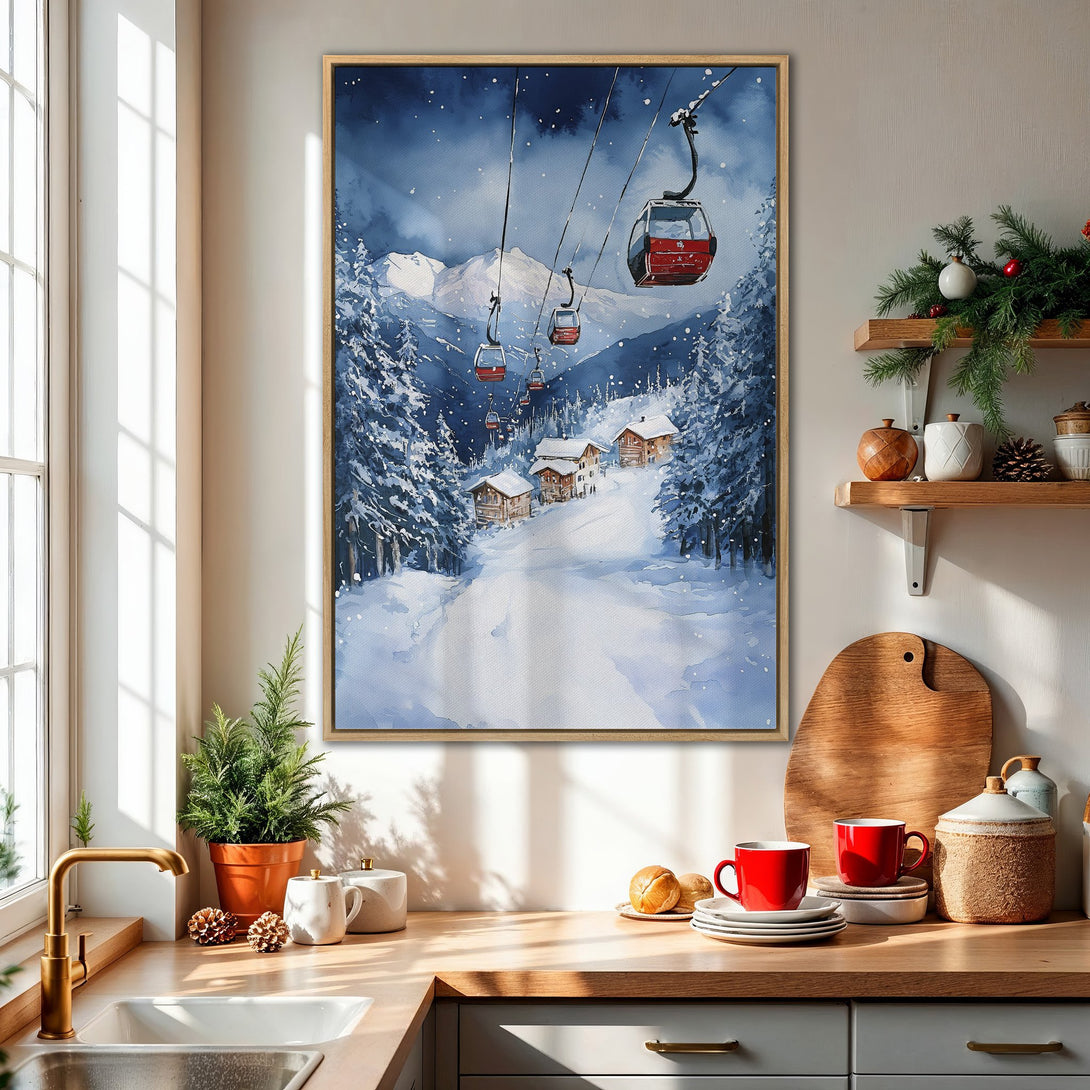 Framed Wall Art: Watercolor winter ski scene in blue and white. Cozy cabin decor. Perfect for adding a touch of winter charm to your home.