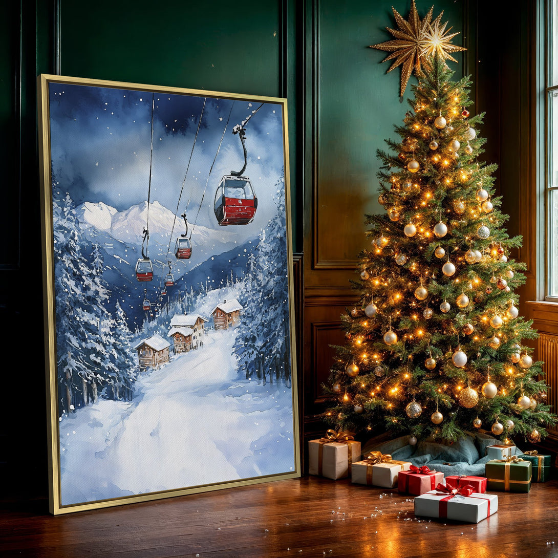 Canvas Print of a winter ski scene in watercolor style, featuring ski lifts and cabins. Blue and white color palette creates a cozy, snowy atmosphere.