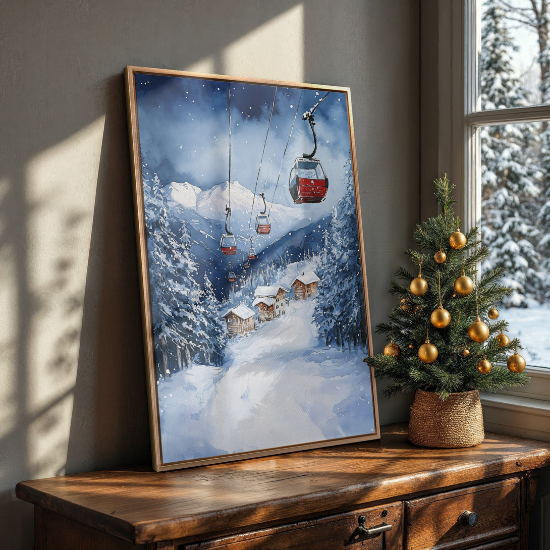 Framed Wall Art: Watercolor winter ski scene in blue and white. Bring the cozy alpine vibes home with this beautiful canvas print!