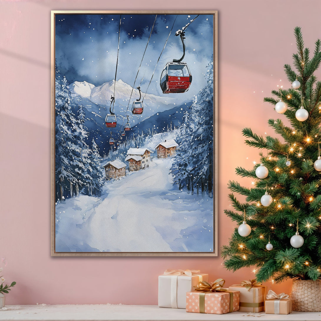 Framed Wall Art: Watercolor ski lift scene in blue and white tones. Perfect winter decor for a cozy cabin aesthetic. Add a touch of winter charm to your home!