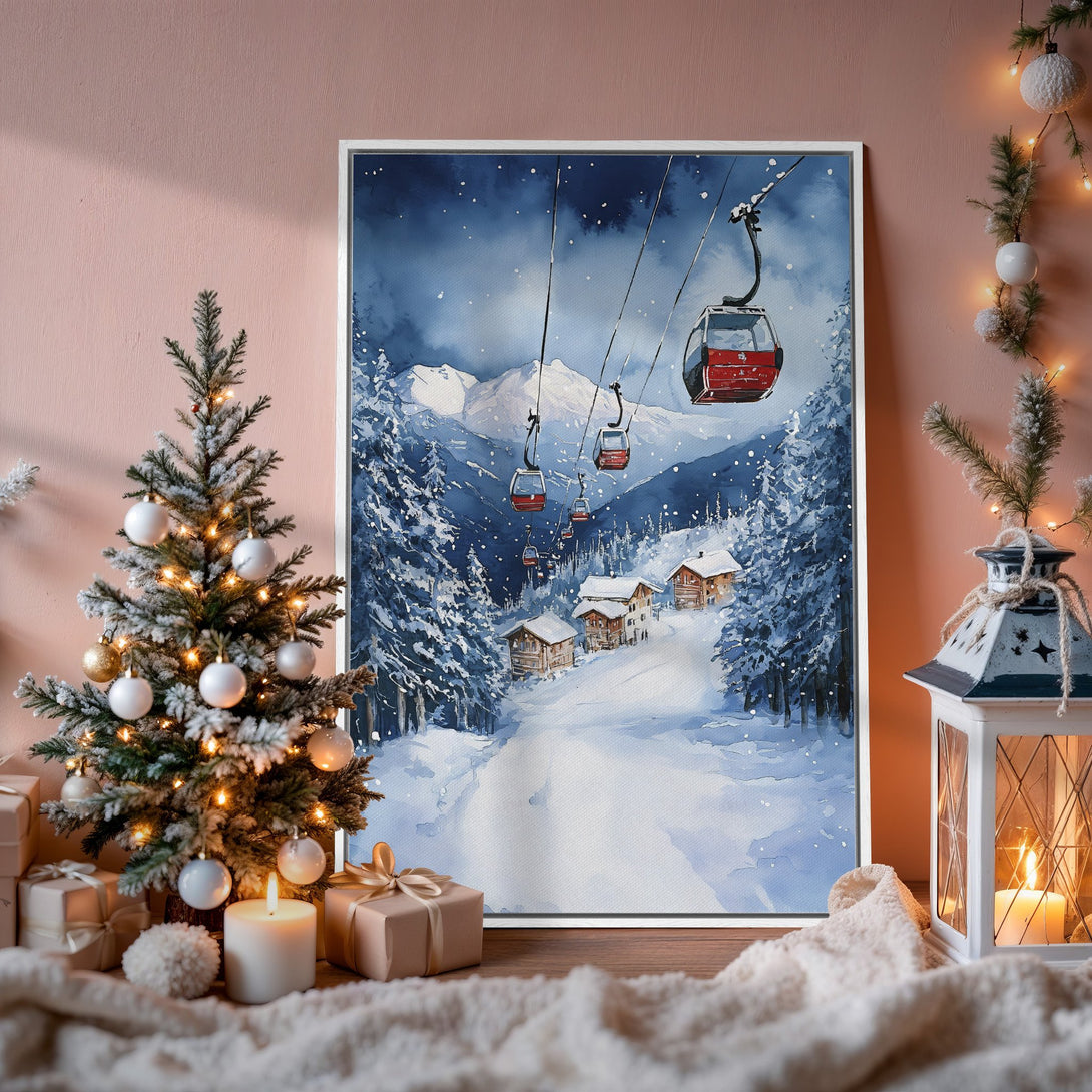 Framed Wall Art featuring a winter ski scene in watercolor style, with a blue and white color palette. Perfect for cozy holiday decor!