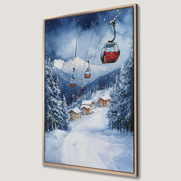 Framed Wall Art of a snowy ski resort scene. Watercolor style with blue, white, and red hues. Perfect winter decor for your home.
