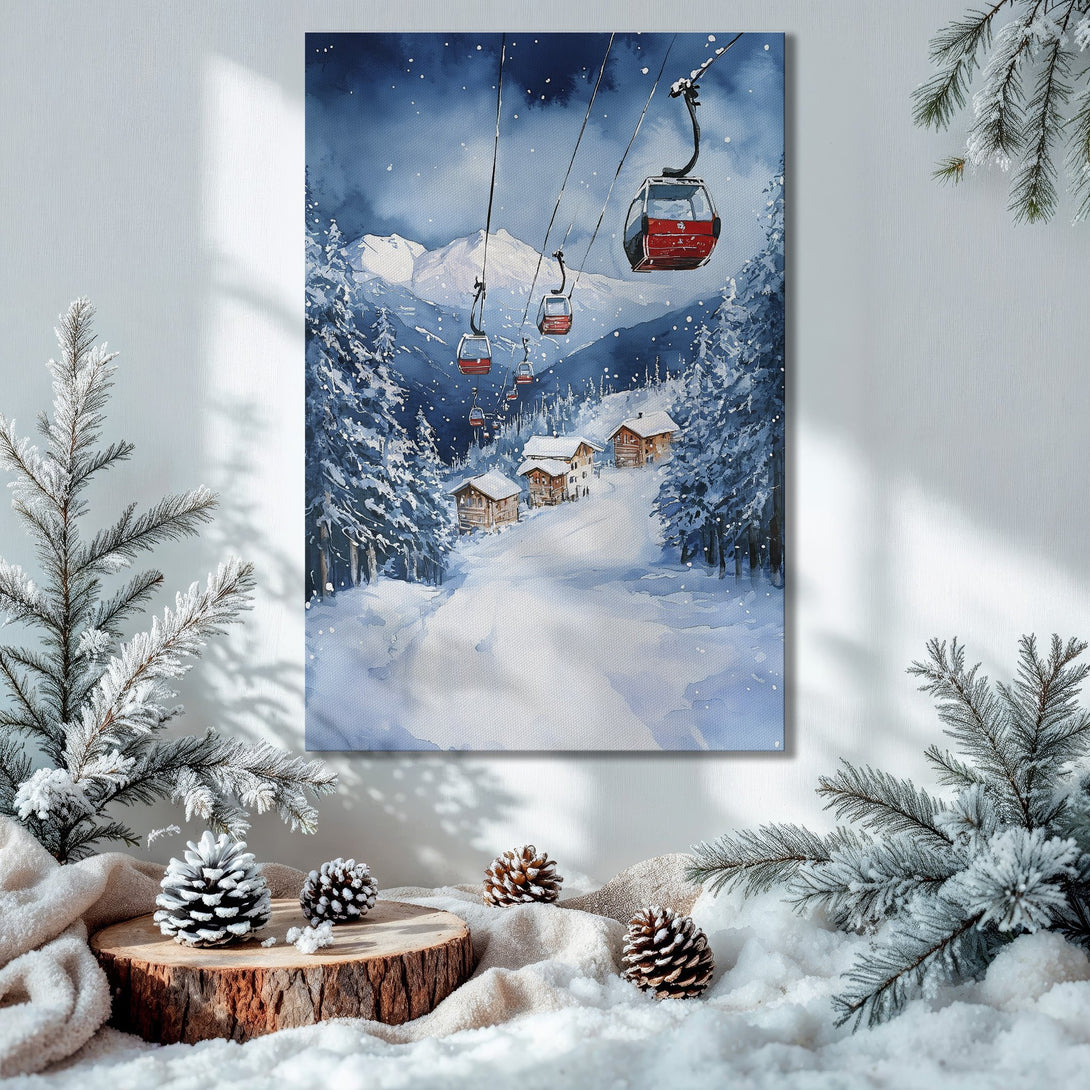 Framed Wall Art: Watercolor ski scene in blue & white, perfect for winter decor. Cozy interior with Christmas tree & presents.