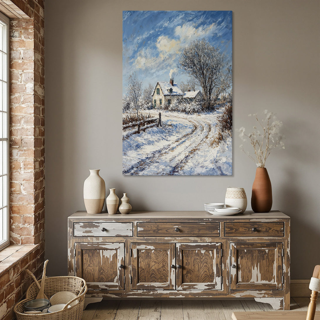 Framed Wall Art: Winter landscape Canvas Print in a dining room setting. Features a charming snowy scene with blue, white, and brown tones.