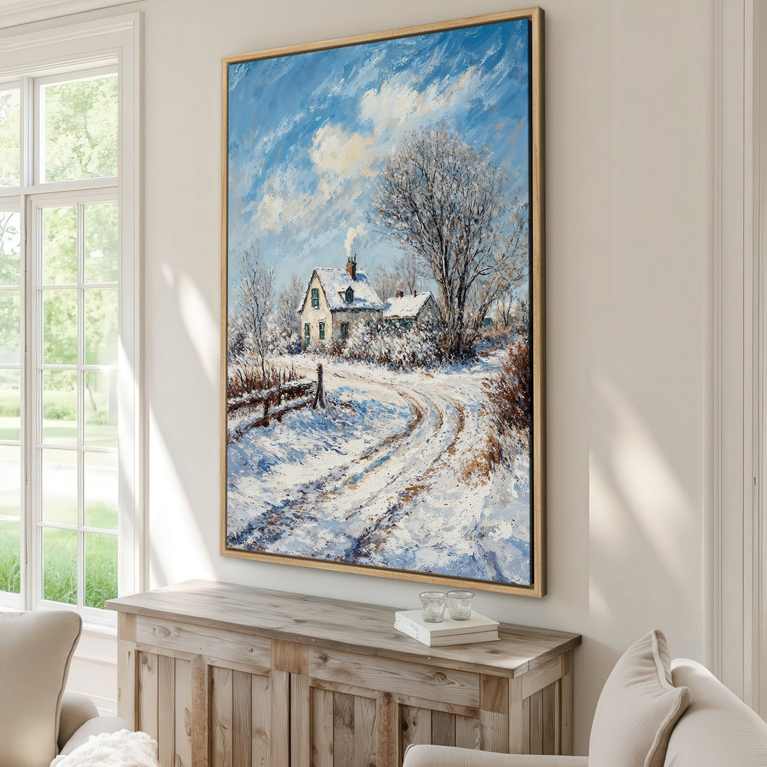 Framed Wall Art: Winter landscape Canvas Print with a snowy scene, featuring a house & road. Blue, white, and brown color palette. Perfect for cozy home decor.
