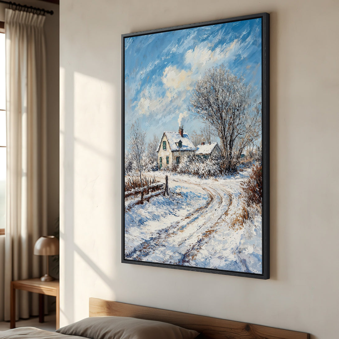 Framed Wall Art: Winter landscape painting with snowy road, farmhouse, and blue sky. Beautiful impressionist style with cool blue and white tones. Perfect for any home.