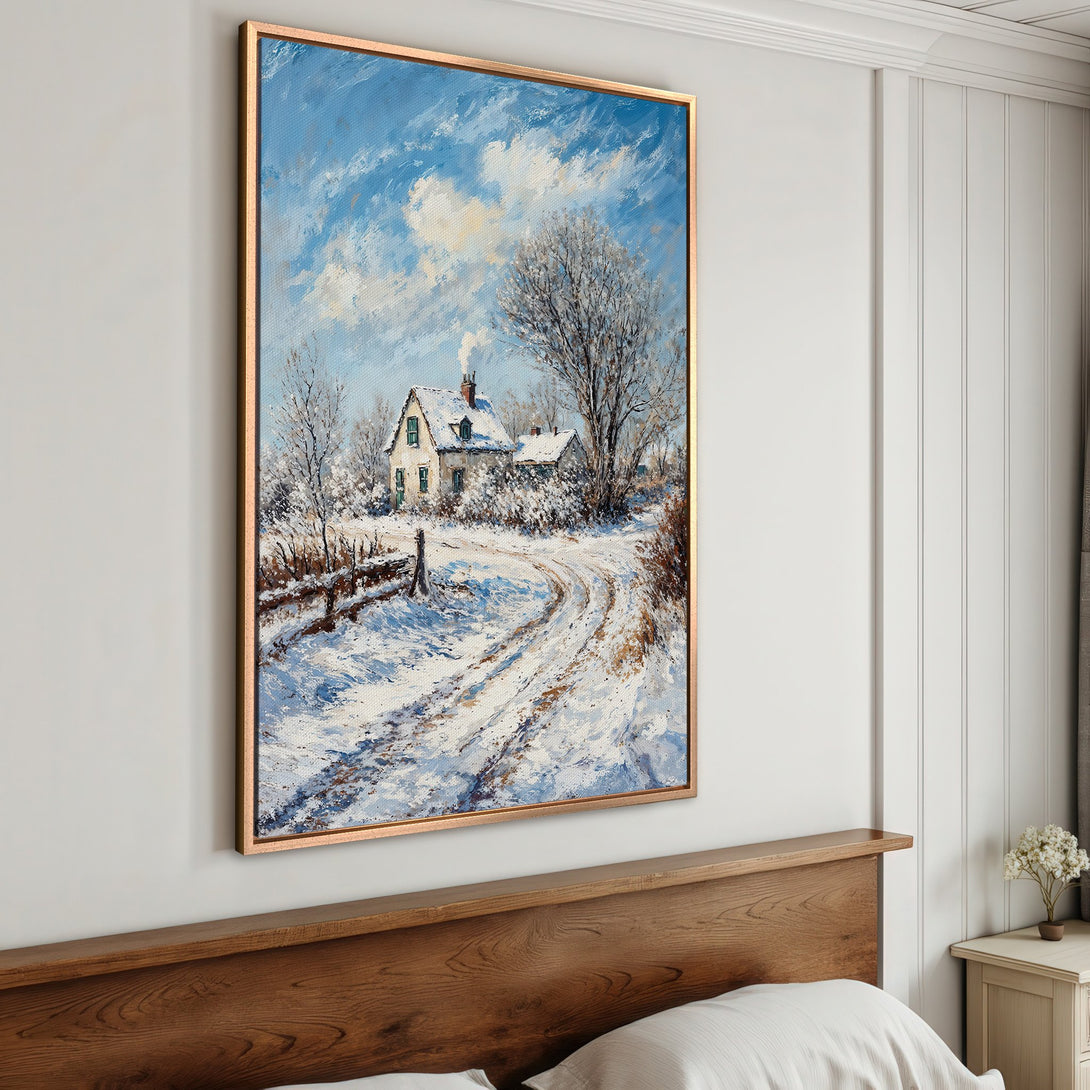Framed Wall Art: Winter landscape Canvas Print with a snowy scene, featuring a house and road, in a blue and white color palette.