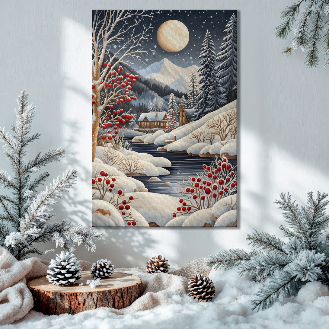 Framed Wall Art: Winter landscape canvas print with a snowy scene, red berry accents, and a cozy cabin. Warm, inviting color palette. Perfect holiday decor!