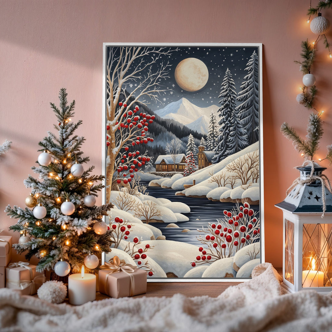 Framed Wall Art: Winter landscape Canvas Print with snowy mountains, river, and red berries. Cozy, cool-toned art for your home.