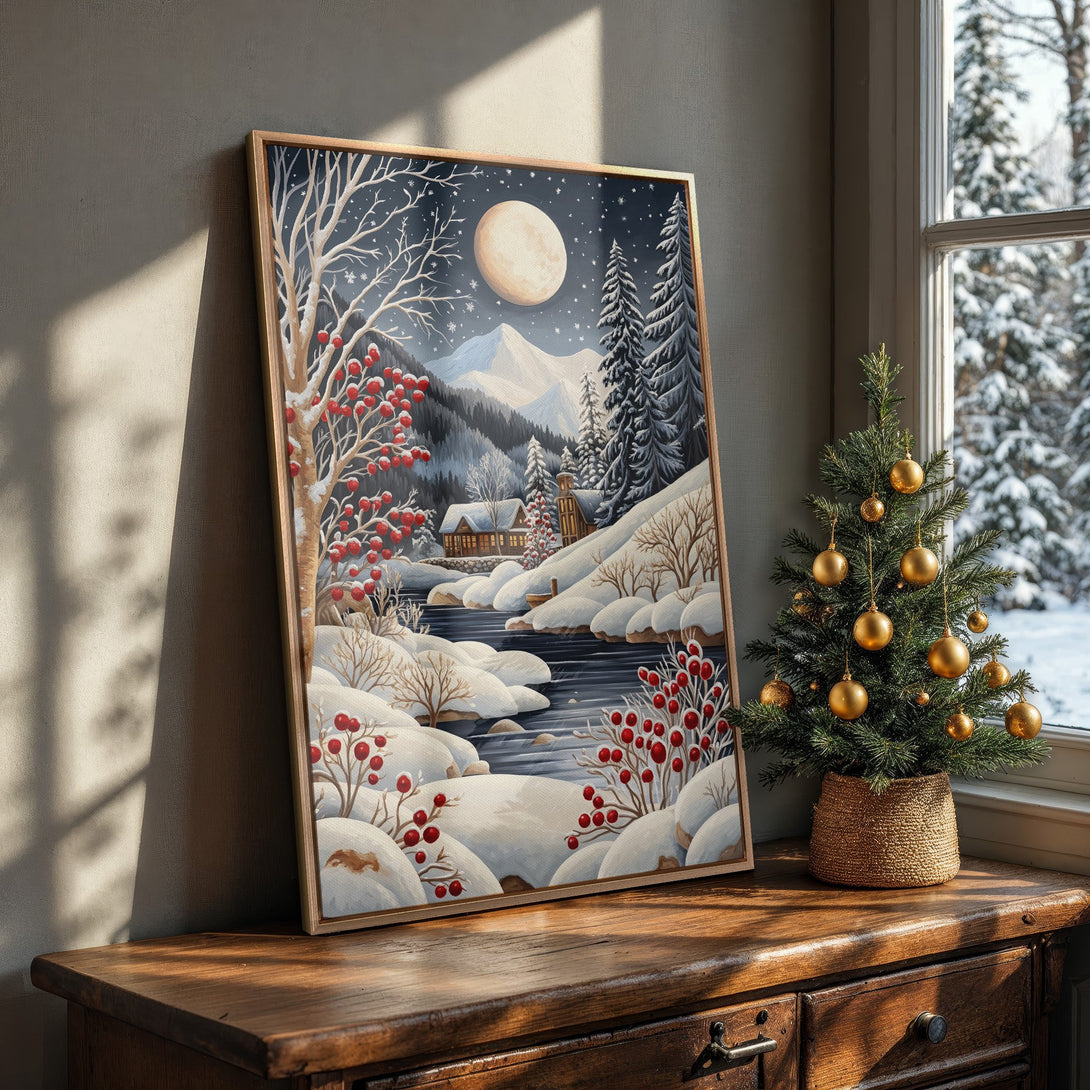 Framed Wall Art: Winter landscape Canvas Print with snowy mountains, red berries, and cool blue/white tones. Perfect holiday decor!