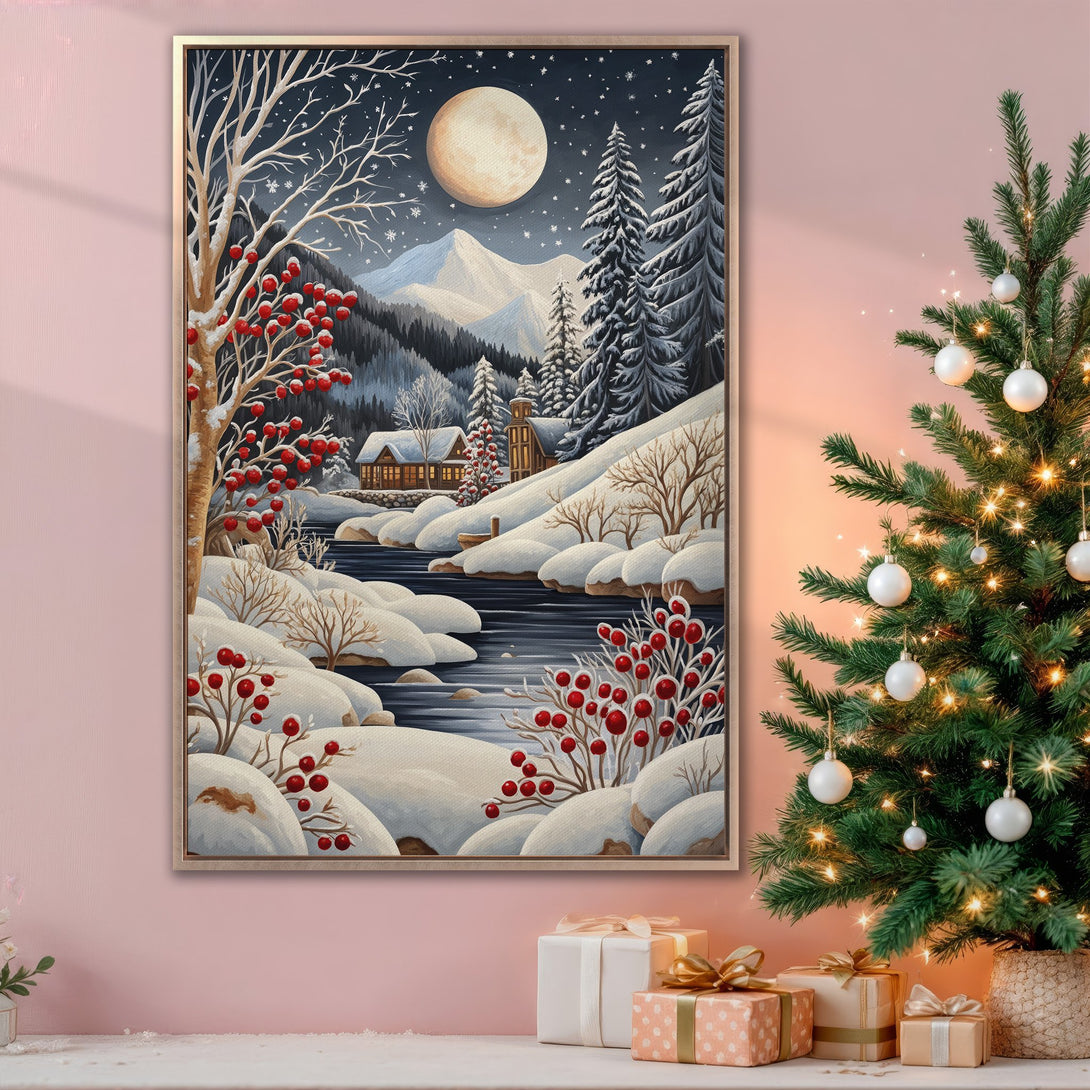 Framed Wall Art: Winter landscape Canvas Print with snowy mountains, red berries, and a cozy cabin. Beautiful artwork in a cool, serene color palette. Perfect for holiday decor.
