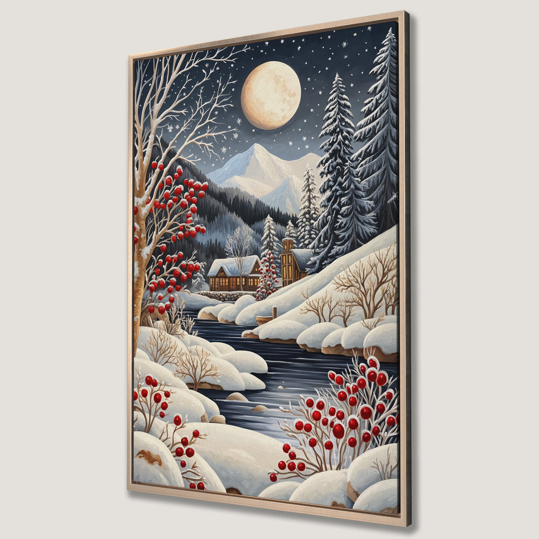 Framed Wall Art of a winter landscape with a full moon, snowy mountains, and red berries. Cozy and inviting, with a cool blue and red color palette.