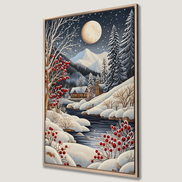 Framed Wall Art of a winter landscape with a full moon, snowy mountains, and red berries. Cozy and inviting, with a cool blue and red color palette.