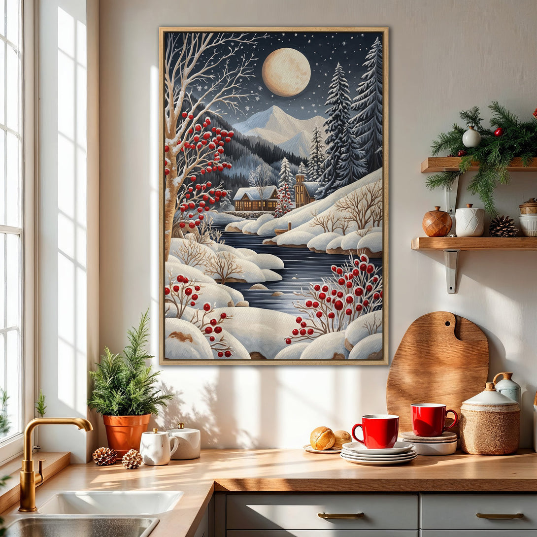 Framed Wall Art: Winter landscape Canvas Print with snowy mountains, red berries, and a full moon. Cozy, warm color palette perfect for home decor.