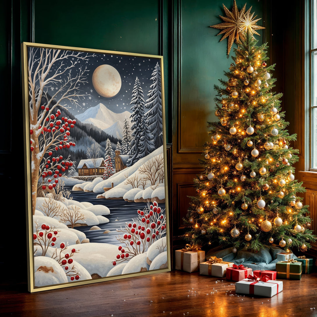 Canvas Print: Winter landscape art with a full moon, snowy mountains, and a serene river. Featuring a cool blue and white color palette with pops of red.