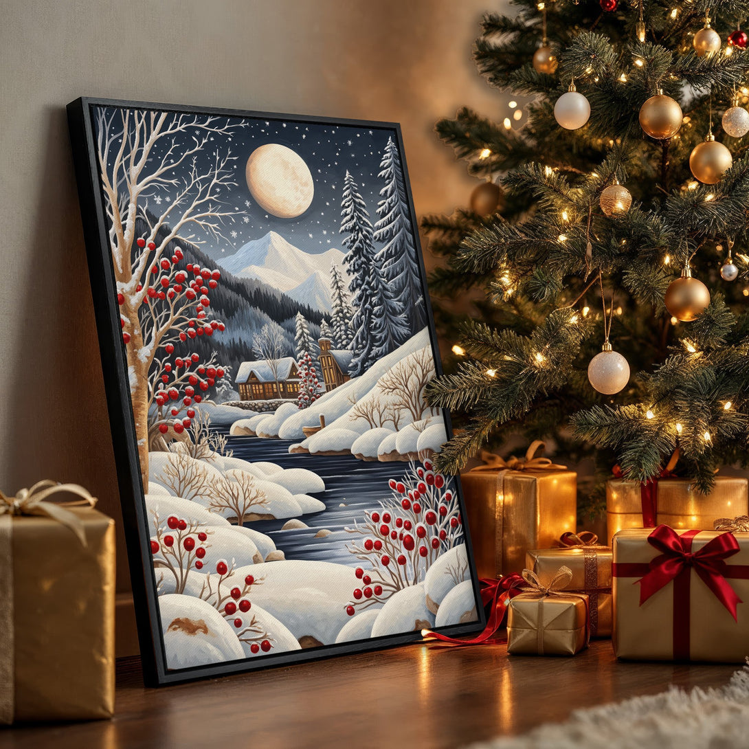 Framed Wall Art: Winter landscape Canvas Print with snowy scene, vibrant red berries, and cool blue/white tones. Perfect holiday decor!