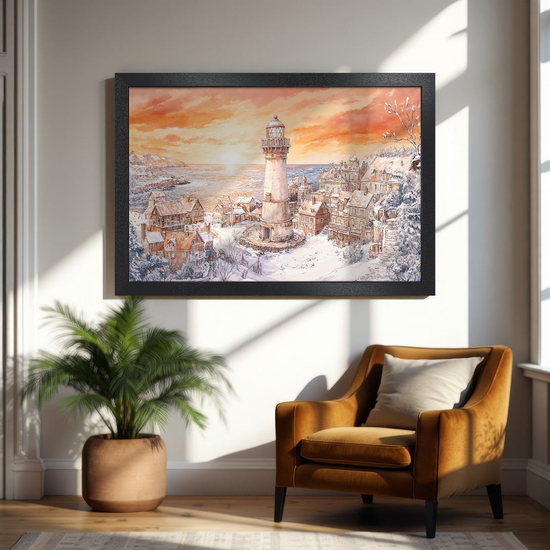 Framed Poster featuring a watercolor lighthouse scene with a warm orange and white color palette. Perfect wall art for cozy spaces.