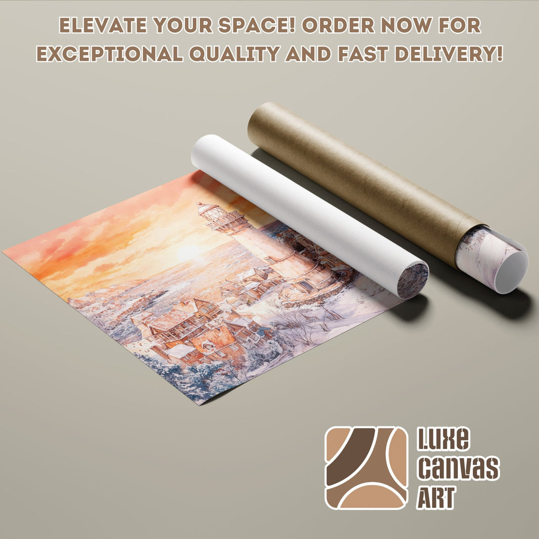 Poster Roll featuring a lighthouse landscape in warm tones. Elevate your space with this beautiful art!