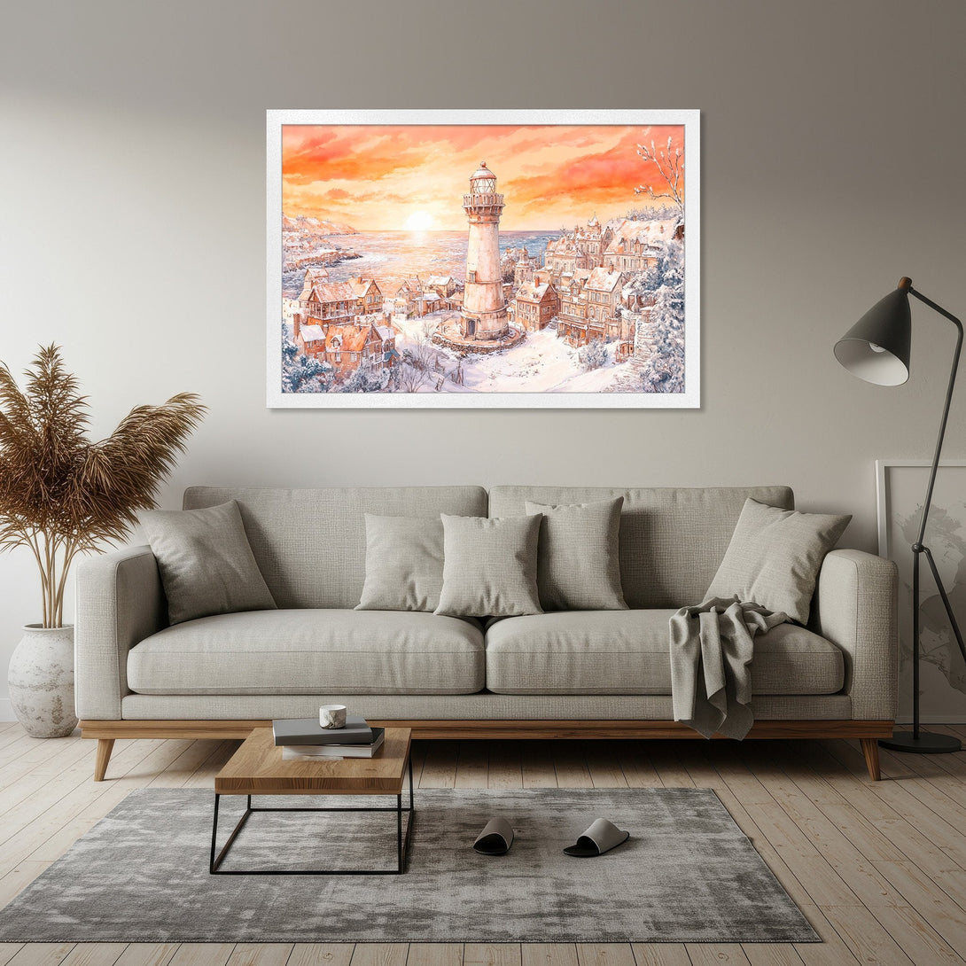 Framed Poster of a winter coastal town watercolor painting. Warm sunset hues and cool blues create a cozy, inviting aesthetic. Perfect wall art!