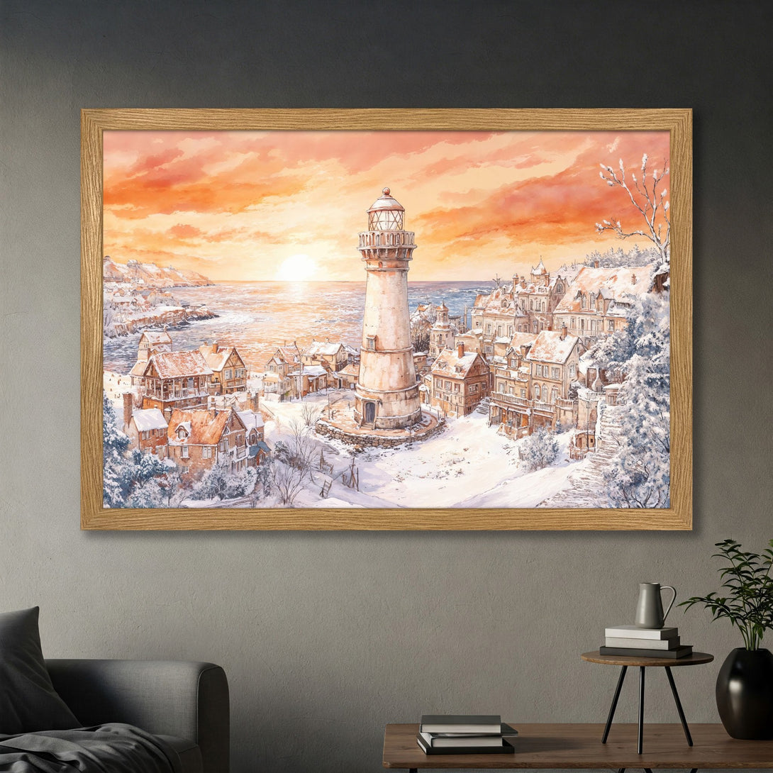 Framed Poster of a winter coastal scene with a lighthouse, warm orange and blue hues, and a watercolor style.