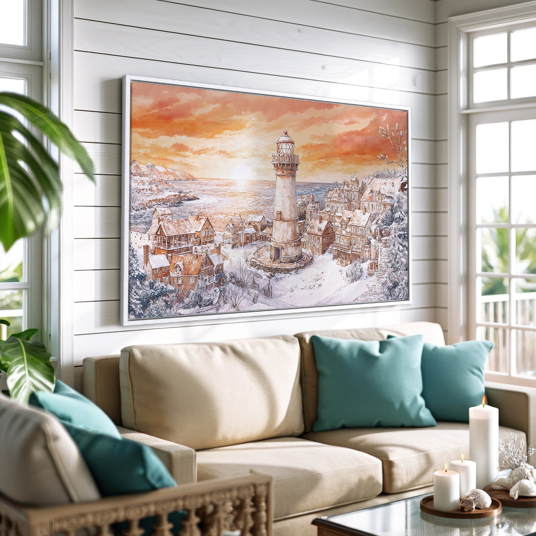 Framed Wall Art of a lighthouse scene in warm orange and blue tones, perfect for coastal decor. Enhance your living room with this beautiful canvas print!