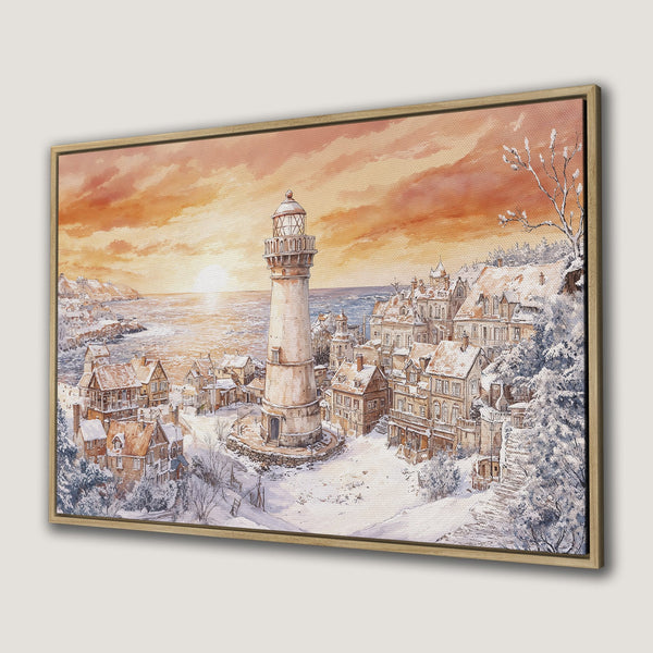 Canvas Print of a winter coastal town with a lighthouse. Watercolor style art in warm orange and cool blue tones.