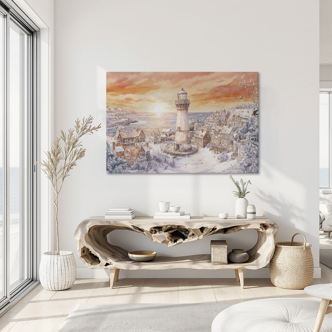 Framed Wall Art: Coastal lighthouse scene Canvas Print with warm orange and cool blue tones. Bring the cozy winter vibes to your home!