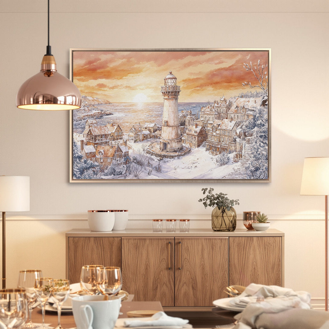 Framed Wall Art: Watercolor lighthouse scene in a winter landscape. Warm orange and cool blue color palette. Perfect coastal decor.