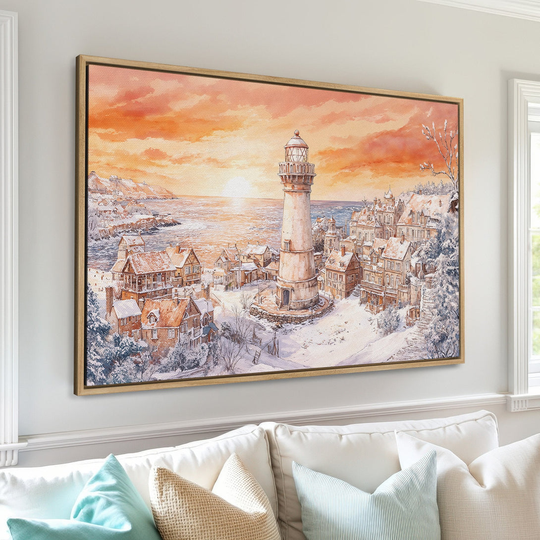 Framed Wall Art: Watercolor lighthouse scene in warm sunset hues. Coastal winter landscape Canvas Print with orange, blue, and white color palette. Perfect home decor.