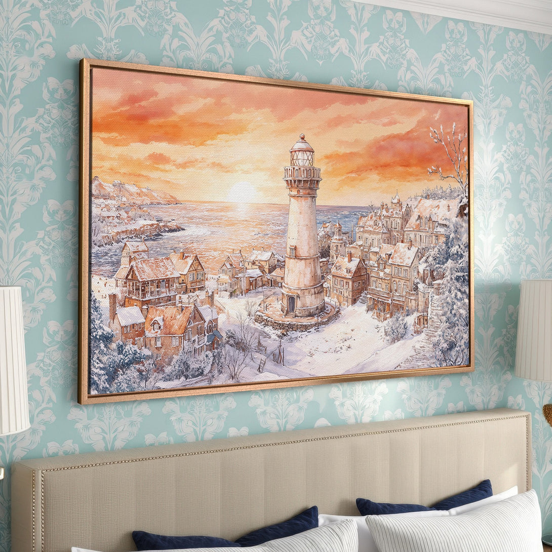 Framed Wall Art: Watercolor painting of a snowy coastal town with a lighthouse, warm orange and brown tones. Perfect for cozy decor!
